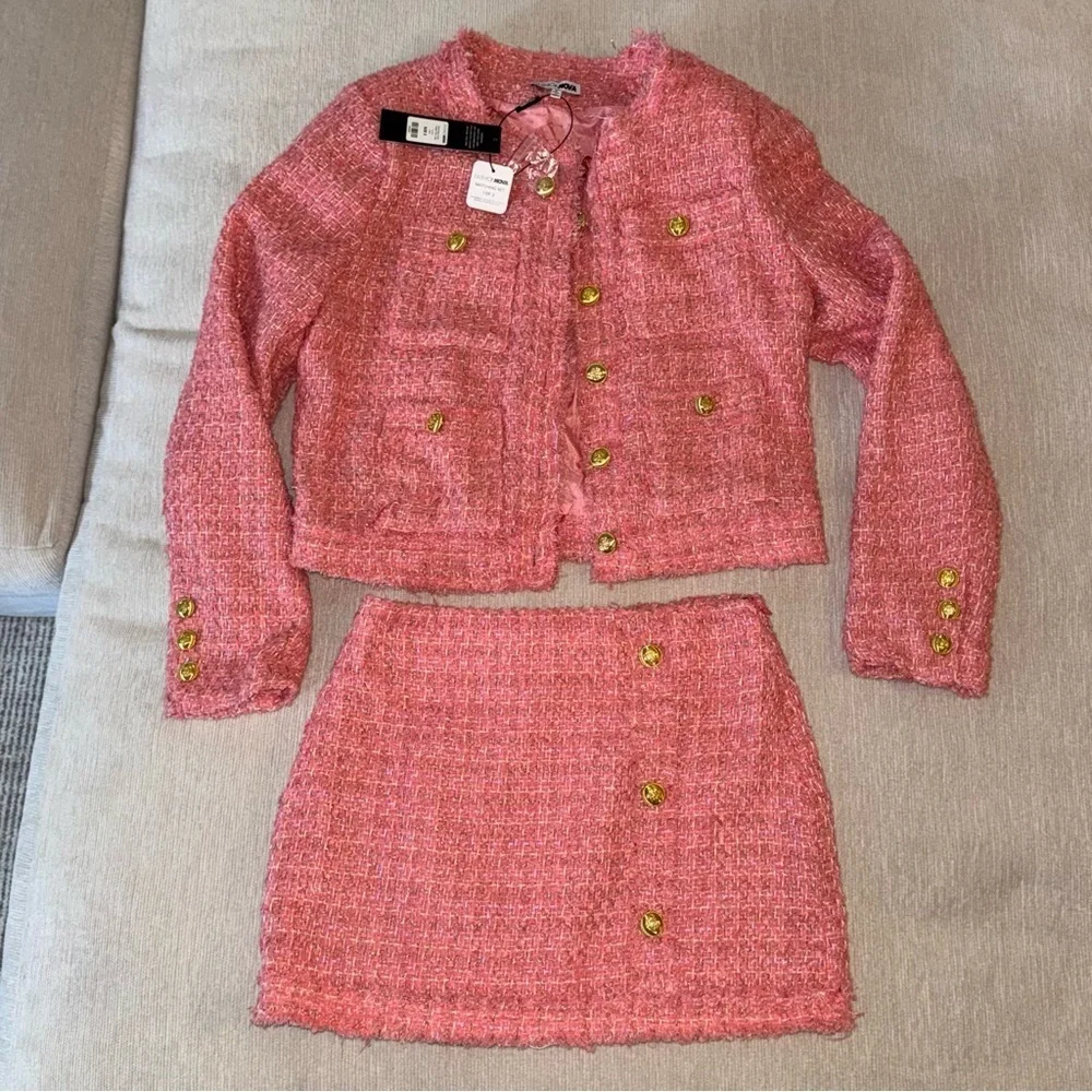 NWT Fashion Nova Tweed Skirt Set Pink Business Calls Co-ord Small New Cute